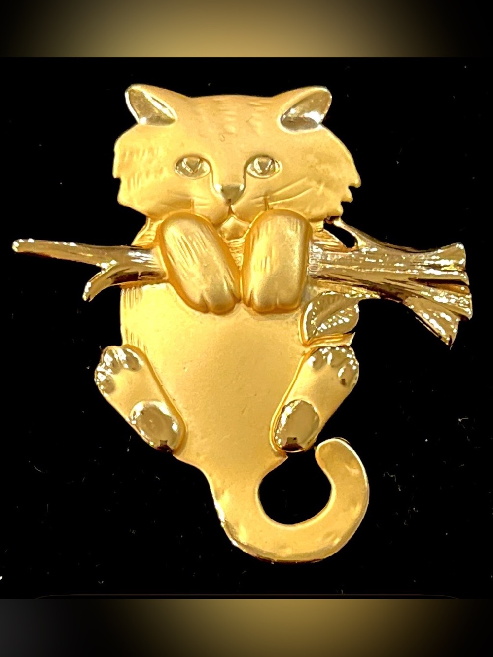 Gold Cat Pin Brooch - Gold Tone Cat on Branch